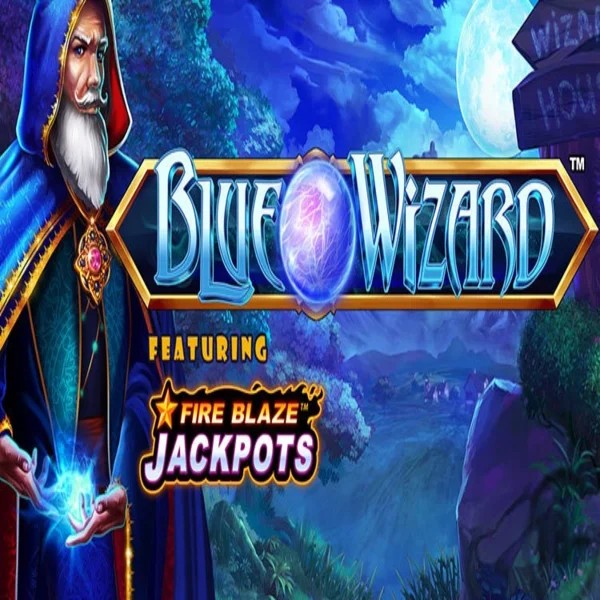 Blue Wizard Fire Blaze Jackpots logo by Rarestone Gaming at Stake Casino